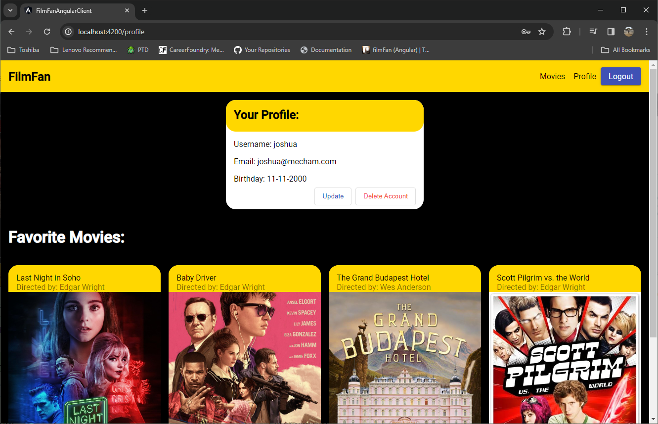 A screenshot of the live FilmFan (Angular) site