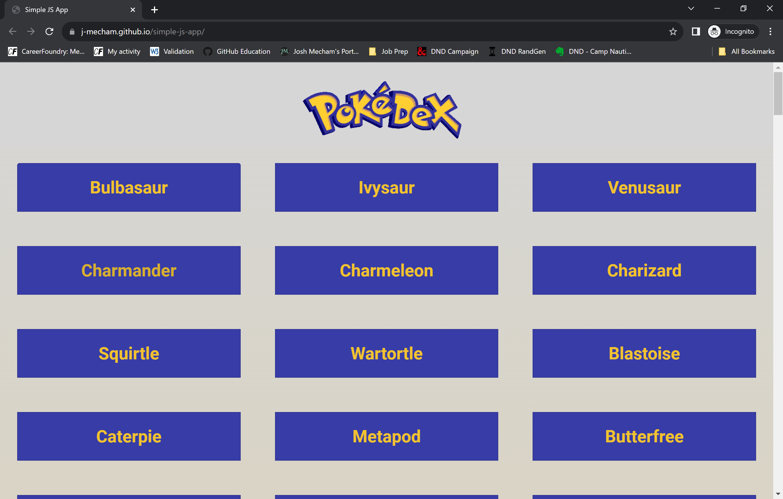 A screenshot of the live Pokedex App